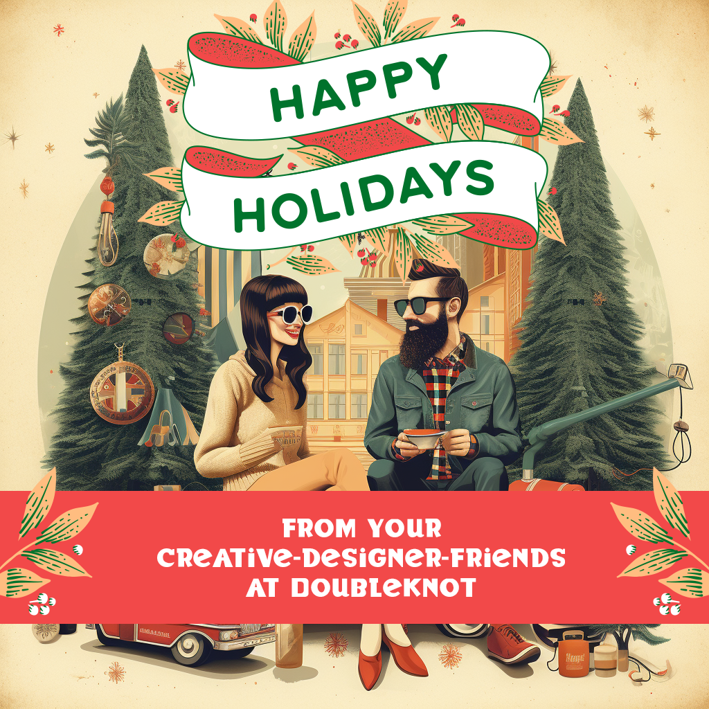Two hipsters with coffee cups sitting in front of large ornaments and Christmas trees