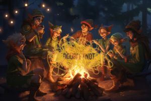 Group of elves huddled around a camp fire with Doubleknot logo rising from the flames