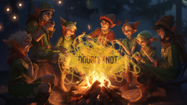 Group of elves huddled around a camp fire with Doubleknot logo rising from the flames