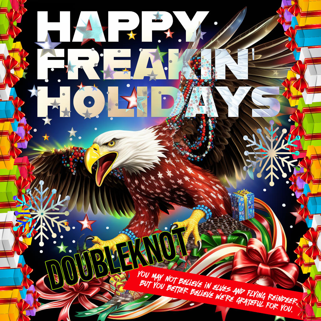 Screeching bald eagle with wings spread and surrounded by holiday ribbons and bows